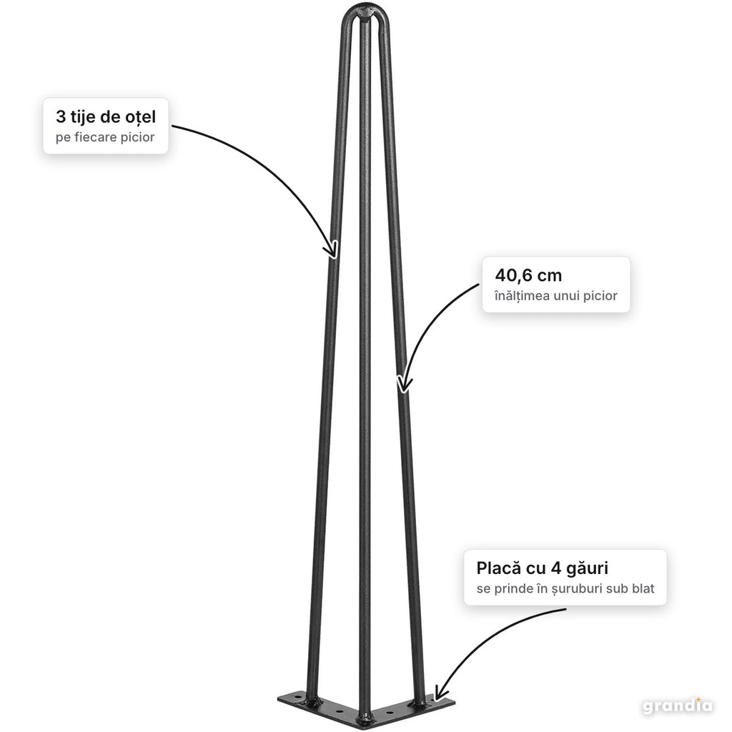 Set 4 picioare hairpin de 40,6 cm, negre – elemente principale