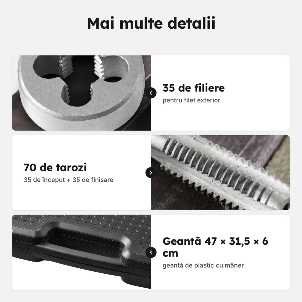 Set tarozi și filiere metrice, 110 piese, M2–M18 – Mai multe detalii