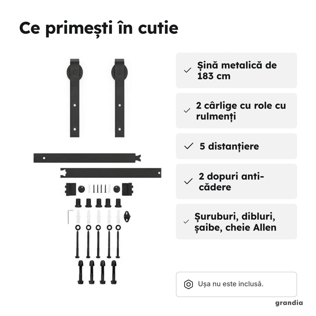 Set șină ușă glisantă 183 cm – Ce primești în cutie