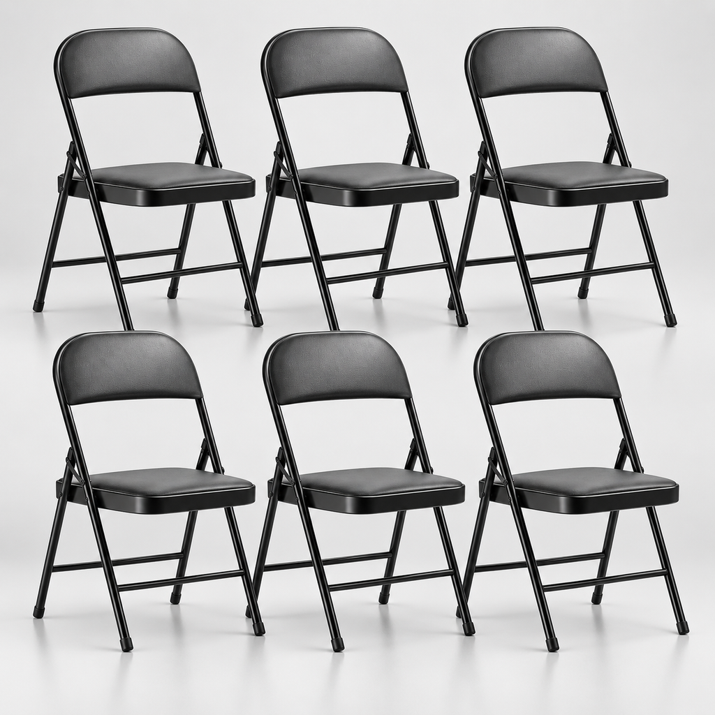 Set 6 scaune pliante negre, șezut buretat, cadru metalic, 42 × 42 × 78 cm