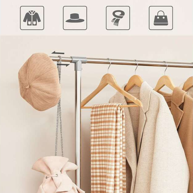 Suport haine pe roti, sina superioara extensibila, reglabil 113-198cm, metalic argintiu