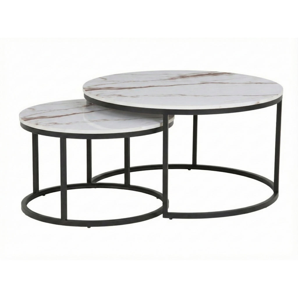 Set 2 măsuțe de cafea cu efect marmură, diametru 80/60 cm, Alb