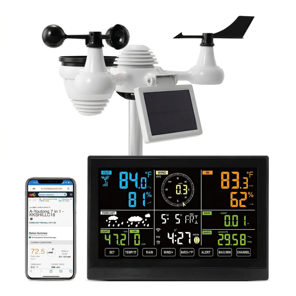 Statie Meteo Wi-Fi 7-în-1 cu Senzor Solar – Ecran Color 19 cm, Monitorizare Aplicatie 2