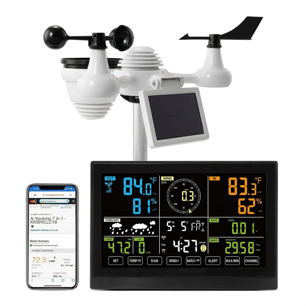 Statie Meteo Wi-Fi 7-în-1 cu Senzor Solar – Ecran Color 19 cm, Monitorizare Aplicatie 2