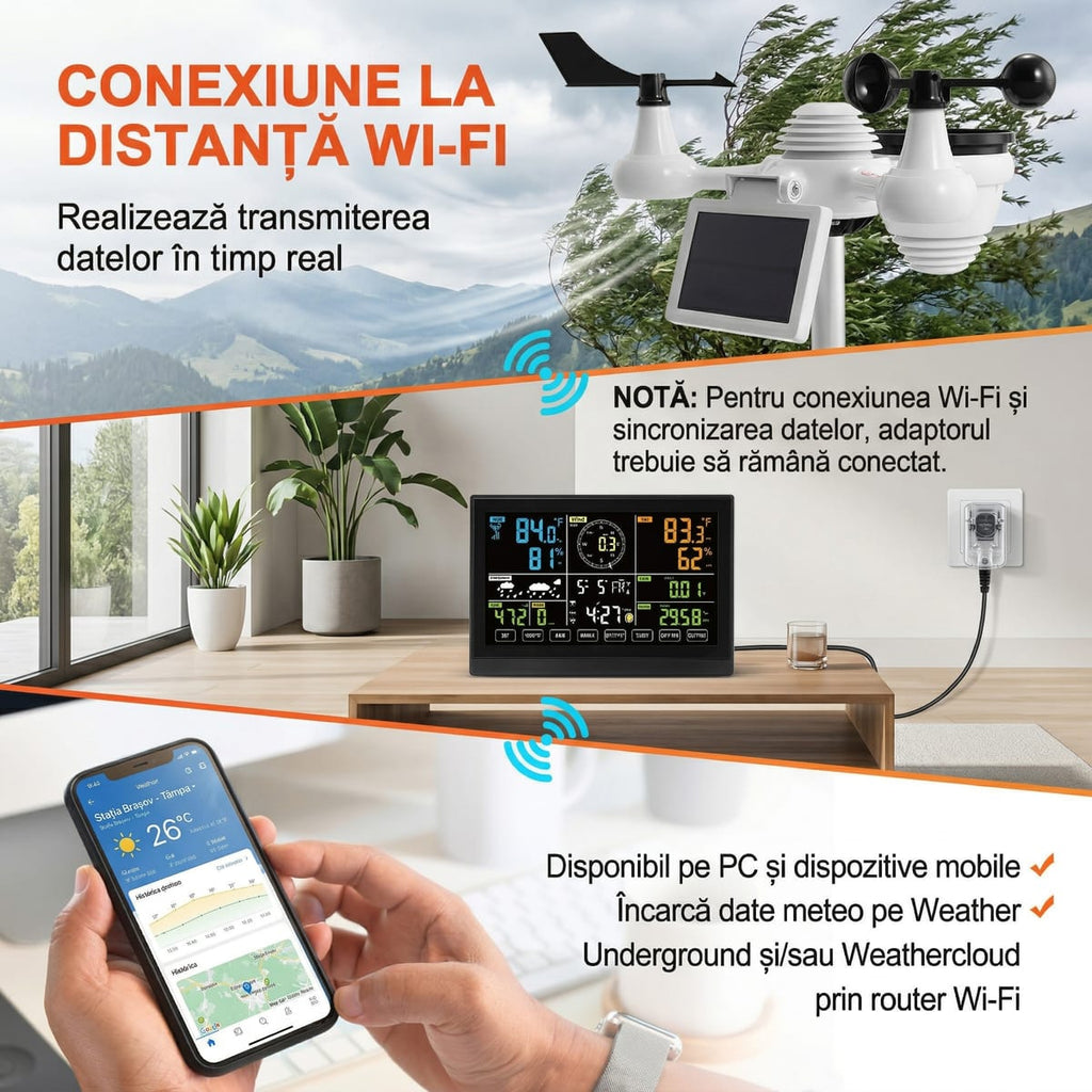 Statie Meteo Wi-Fi 7-în-1 cu Senzor Solar – Ecran Color 19 cm, Monitorizare Aplicatie 4