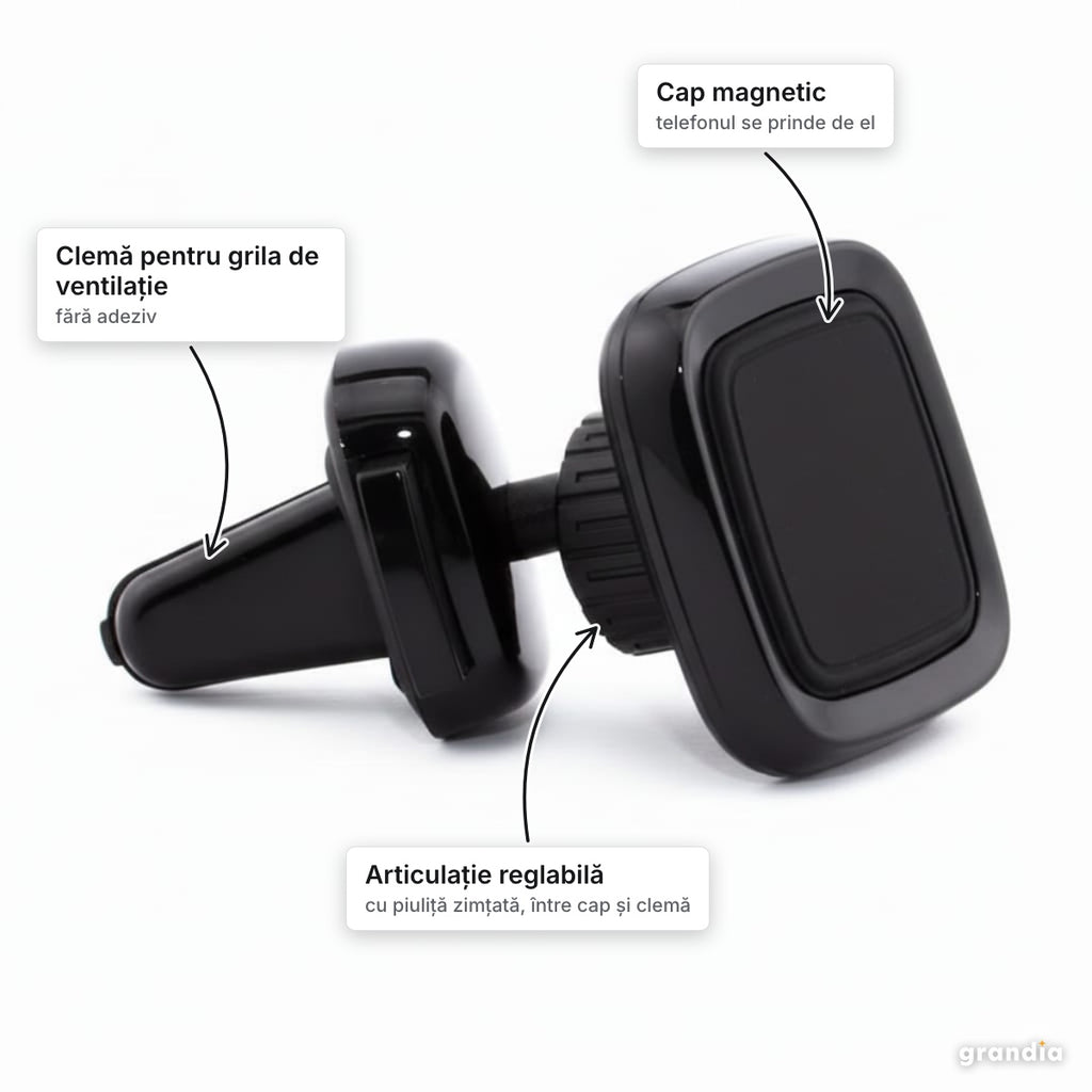 Suport magnetic de telefon pentru grila de ventilație, negru – elemente principale