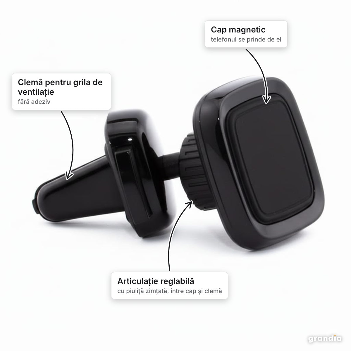 Suport magnetic de telefon pentru grila de ventilație, negru – elemente principale