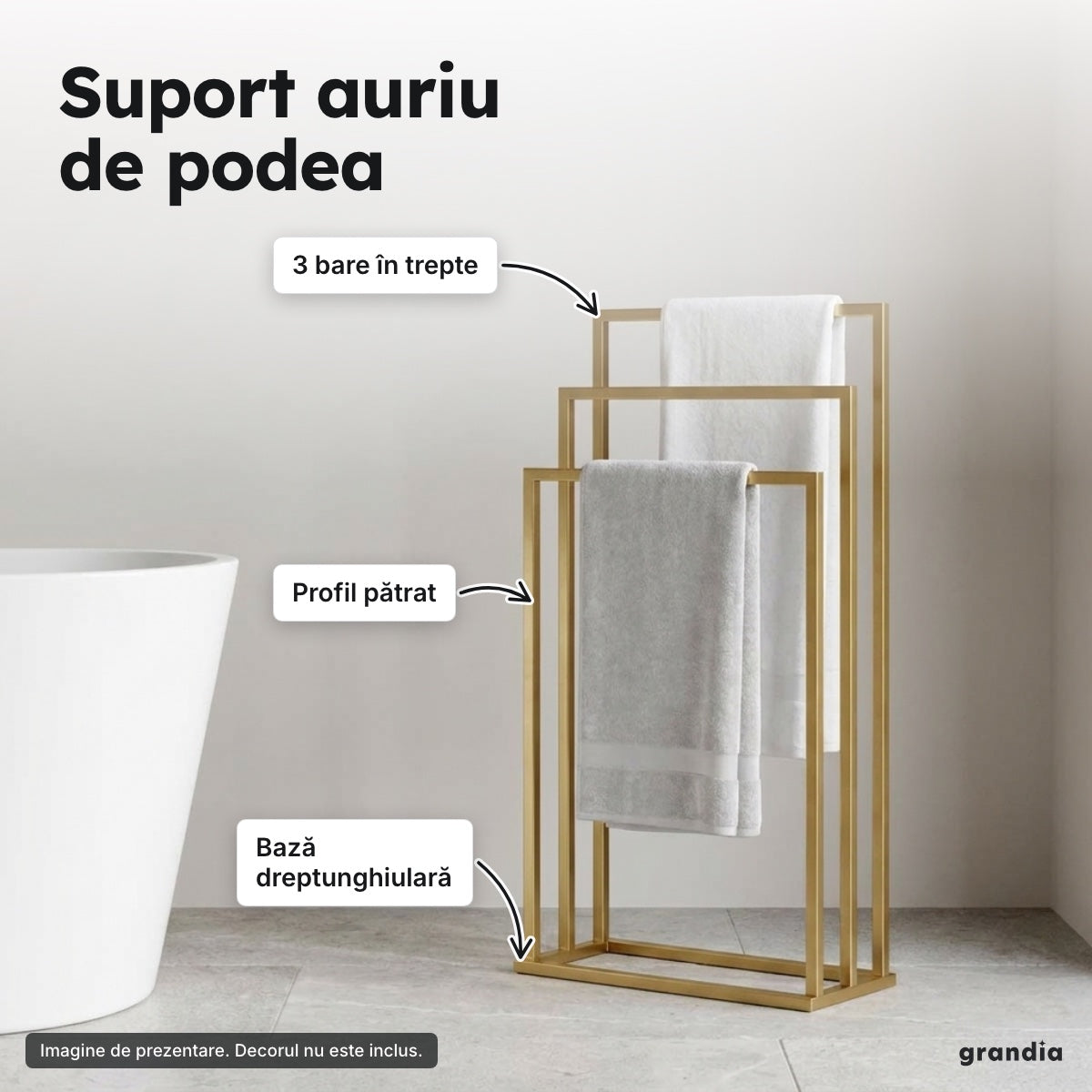 Suport de podea pentru prosoape, 3 bare – Suport auriu de podea
