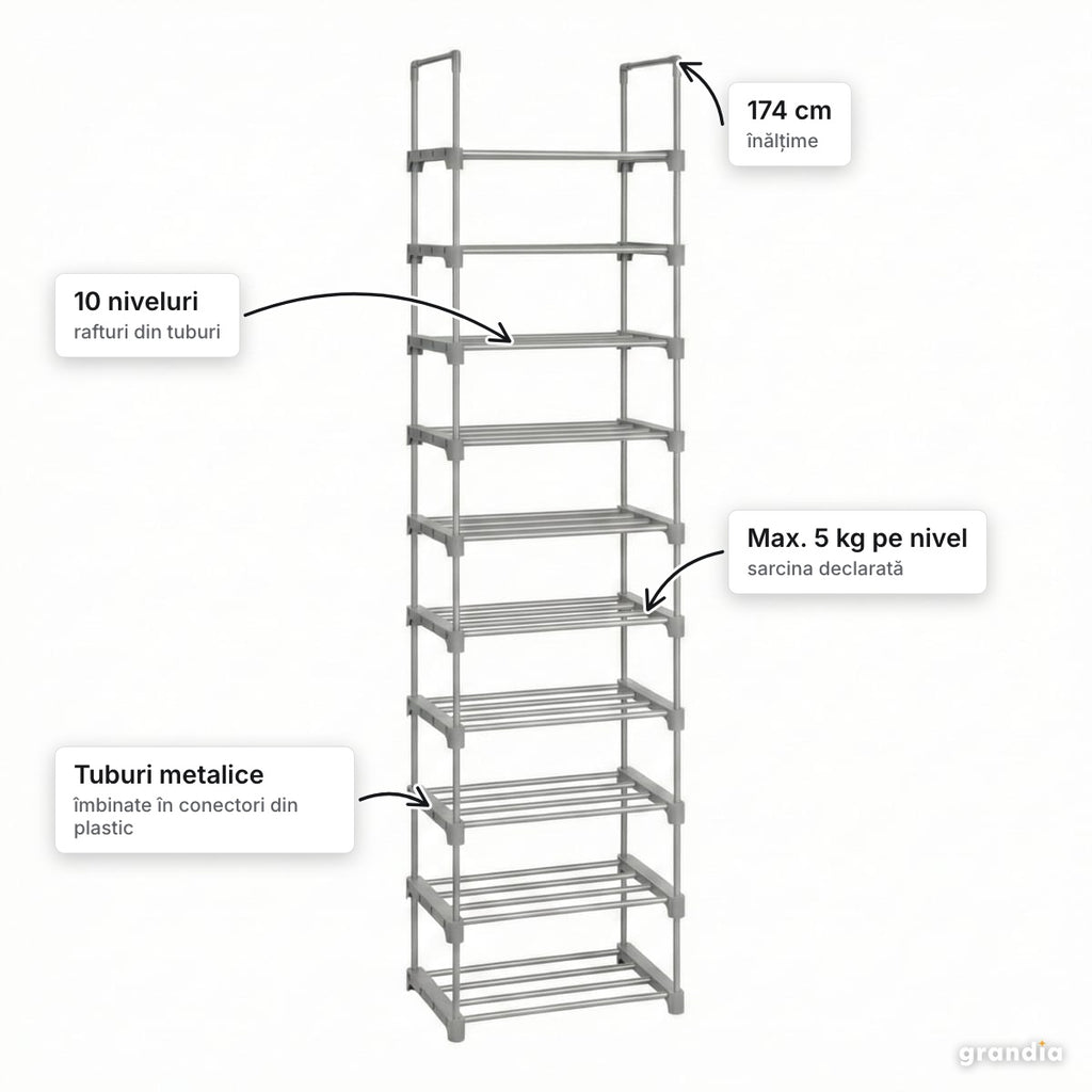 Suport pantofi metalic gri, 10 niveluri, 174 cm – elemente principale