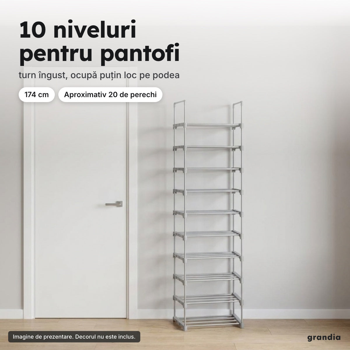Suport pantofi metalic gri, 10 niveluri, 174 cm – 10 niveluri pentru pantofi