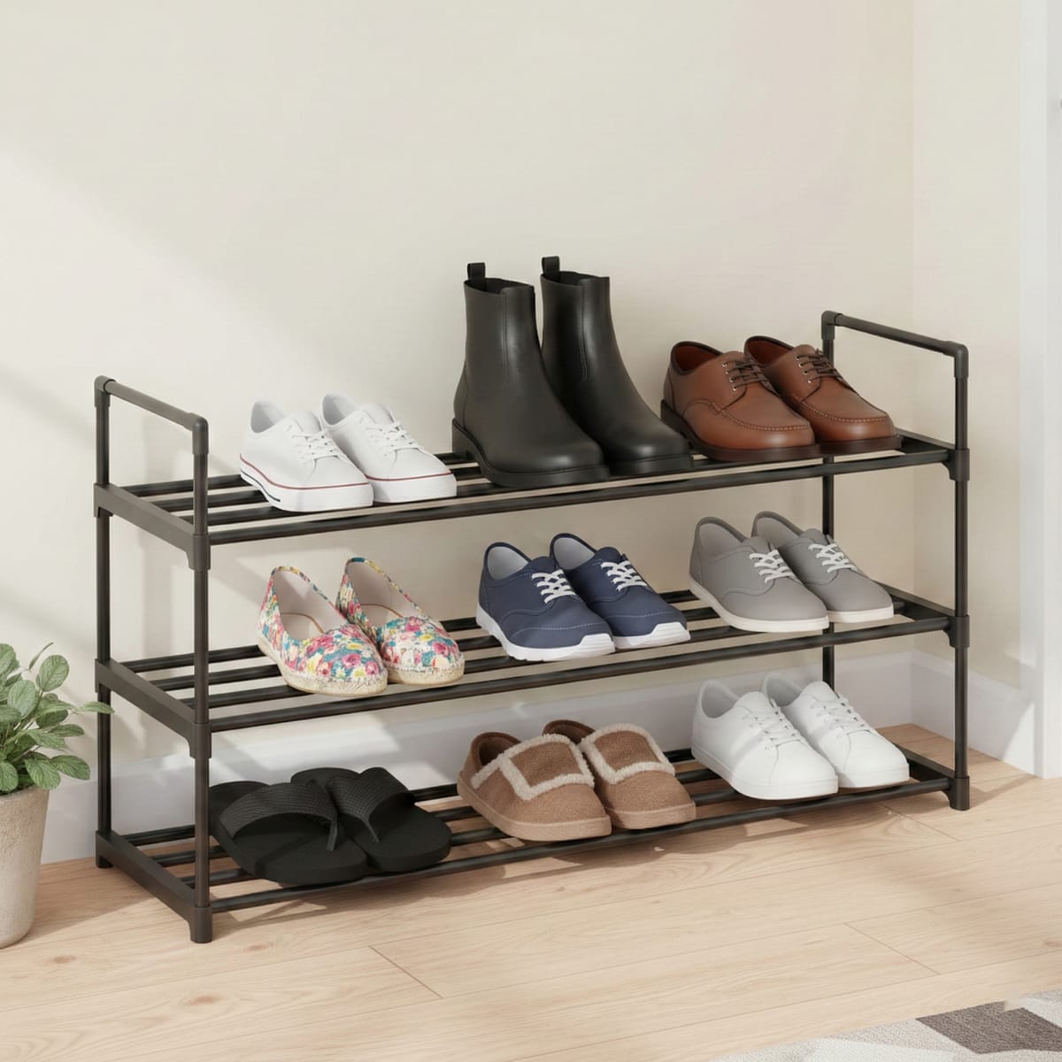 Suport Pantofi Metalic, 3 Niveluri, Capacitate 12-15 Perechi, Stivuibil, 92 x 30 x 54 cm, Negru 3