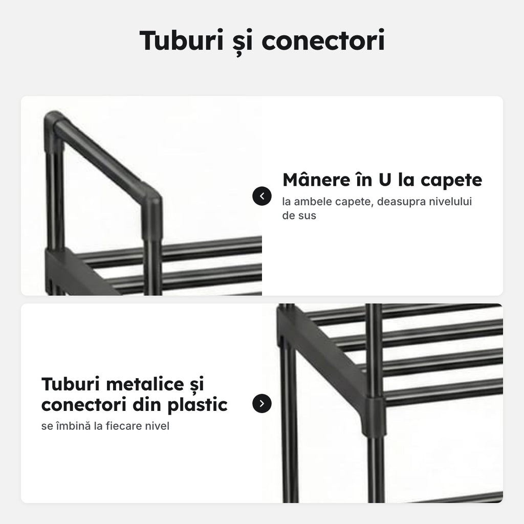 Suport pentru pantofi negru, 3 niveluri, 92 × 30 × 54 cm – Tuburi și conectori