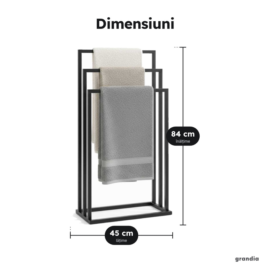 Suport de podea pentru prosoape, 3 bare, negru – Dimensiuni