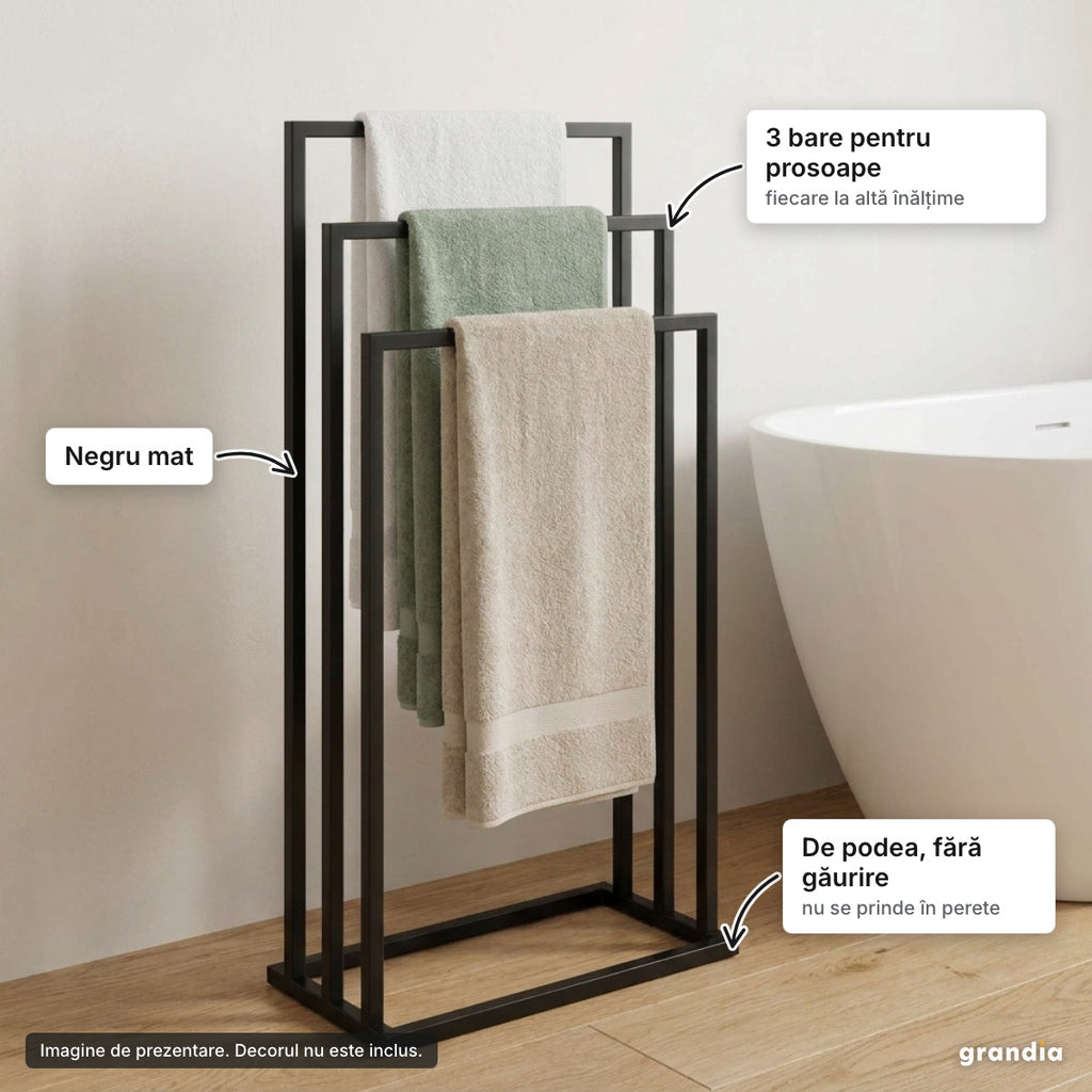 Suport de podea pentru prosoape, 3 bare, negru – elemente principale