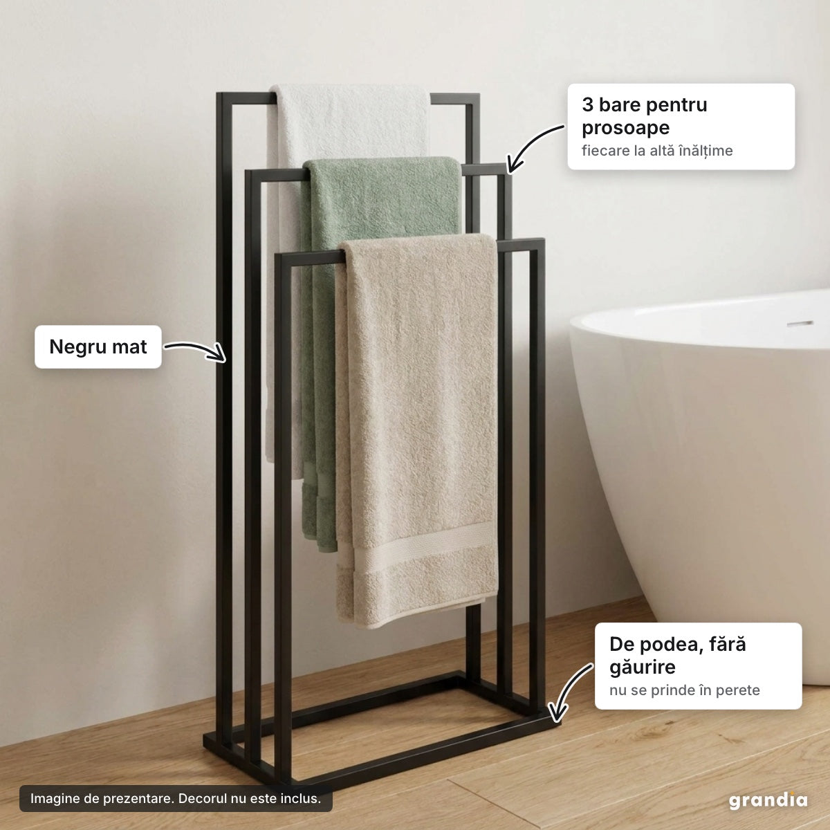 Suport de podea pentru prosoape, 3 bare, negru – elemente principale