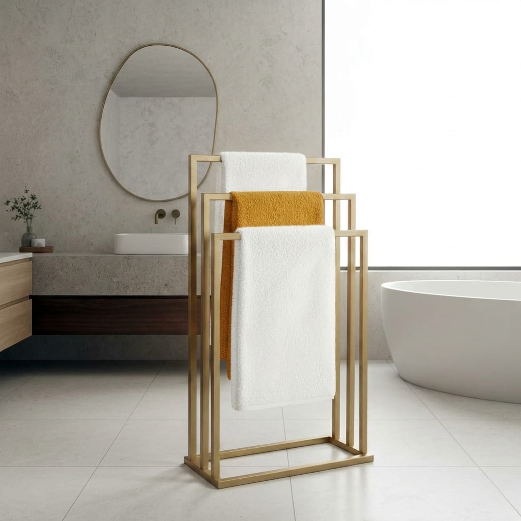 Suport pentru prosoape din metal, auriu mat, cu 3 bare, stabil si elegant 3