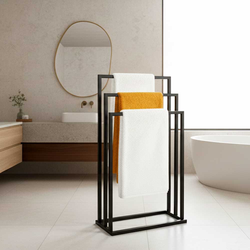 Suport pentru prosoape din metal, negru, cu 3 bare, stabil si elegant 3