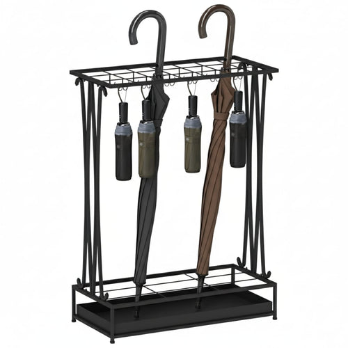 Suport umbrele metalic, 21 sloturi, 24 cârlige, negru, 50x24x68 cm 1