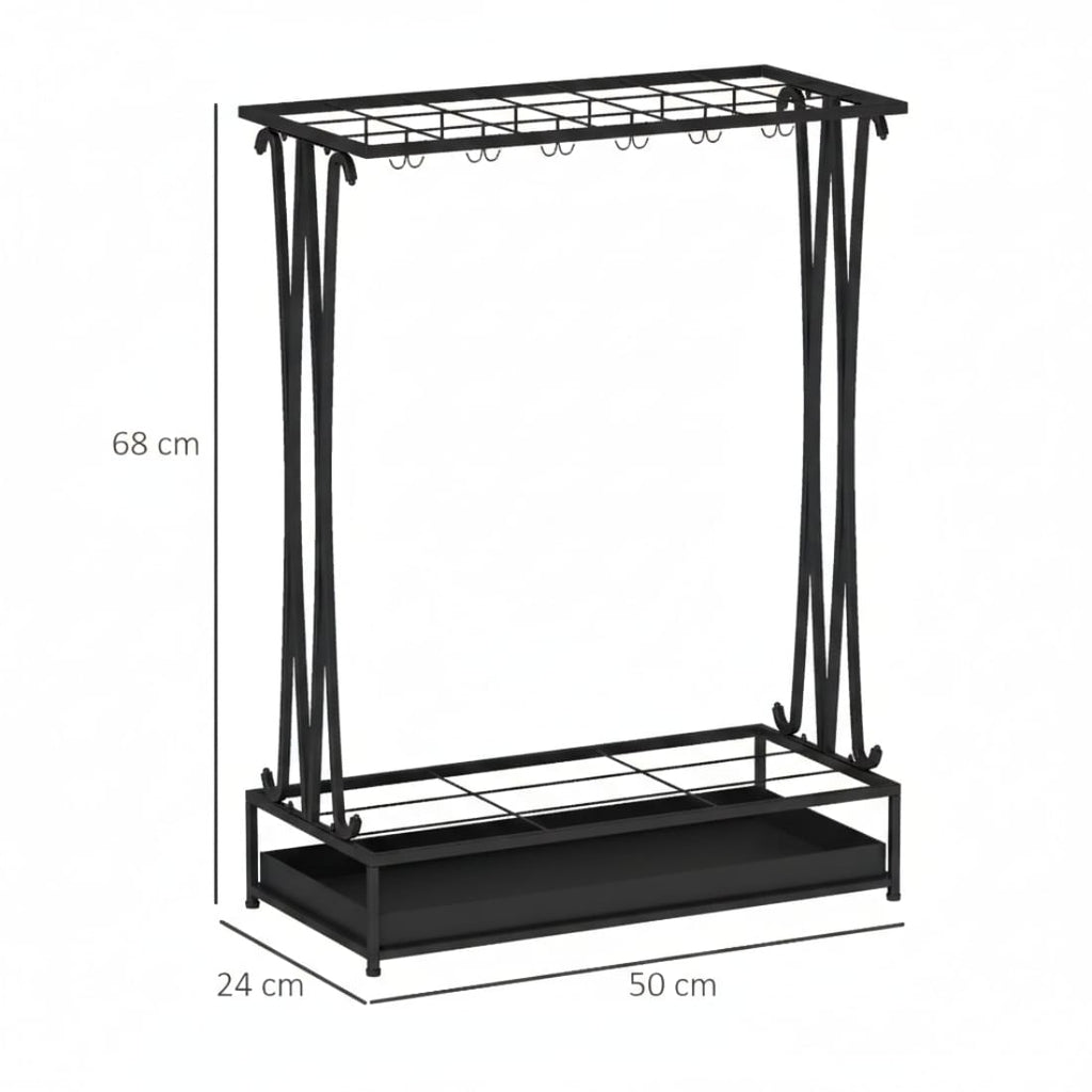 Suport umbrele metalic, 21 sloturi, 24 cârlige, negru, 50x24x68 cm 2