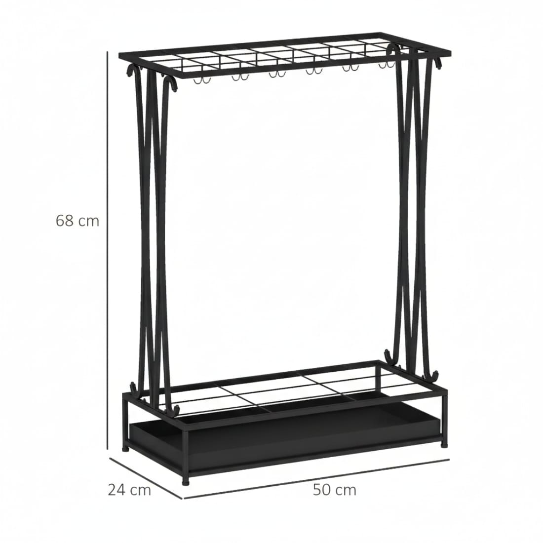 Suport umbrele metalic, 21 sloturi, 24 cârlige, negru, 50x24x68 cm 2