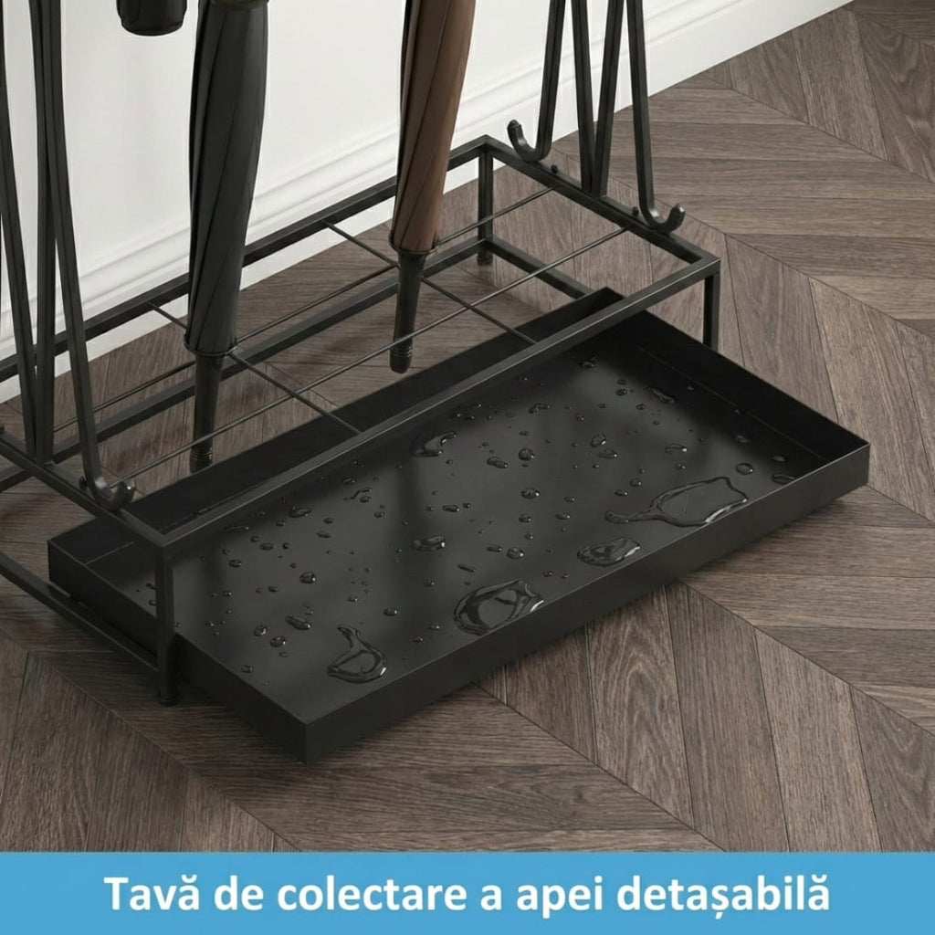 Suport umbrele metalic, 21 sloturi, 24 cârlige, negru, 50x24x68 cm 3