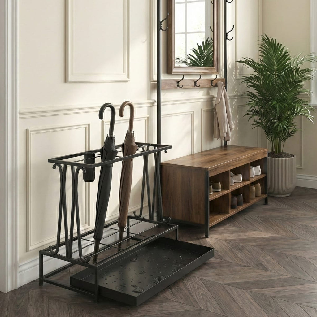 Suport umbrele metalic, 21 sloturi, 24 cârlige, negru, 50x24x68 cm 4