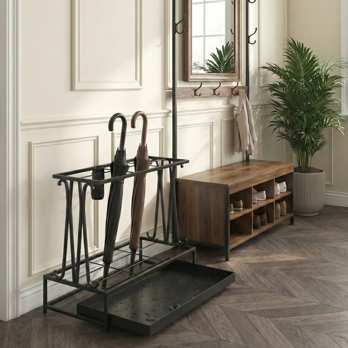 Suport umbrele metalic, 21 sloturi, 24 cârlige, negru, 50x24x68 cm 4