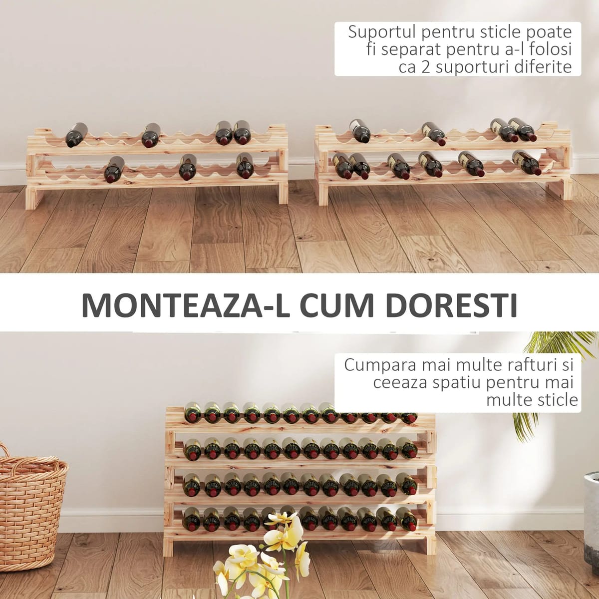 Suport Vinuri 4 Rafturi Lemn Brad Rustic, Design Modular Stabil 3