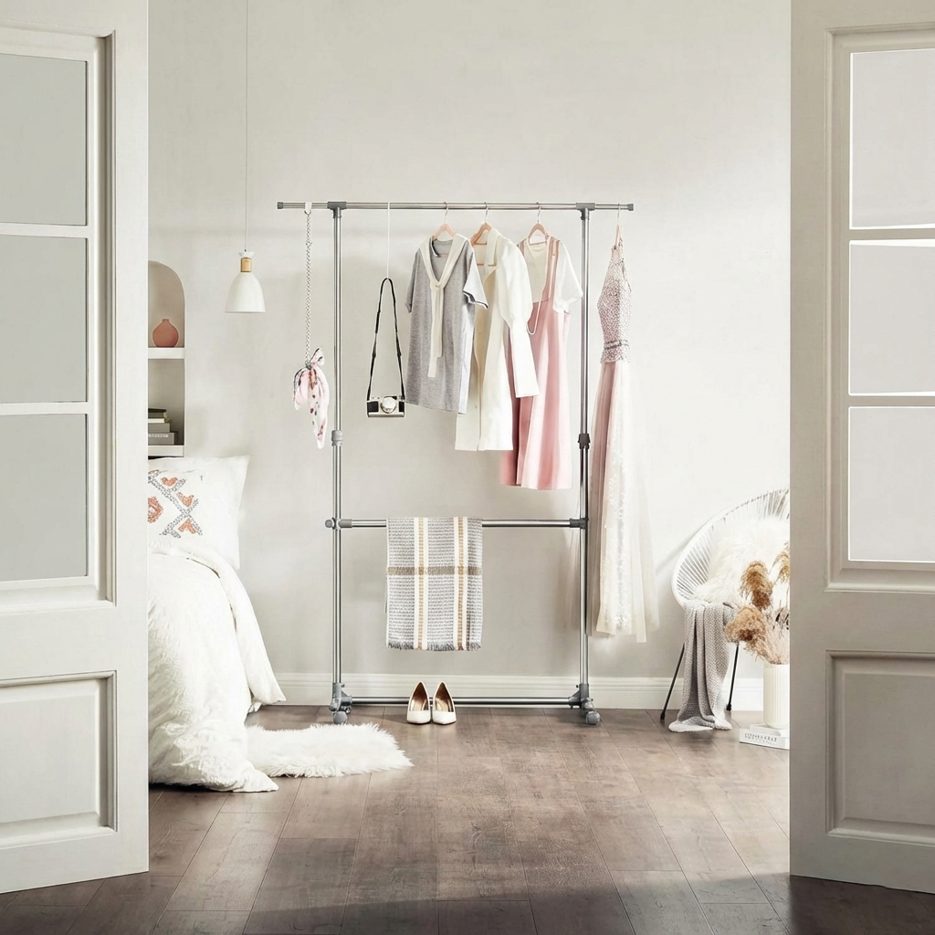 Suport dublu de umerase pentru haine, pe roti, sina superioara extensibila, reglabil 113-198cm, metalic argintiu