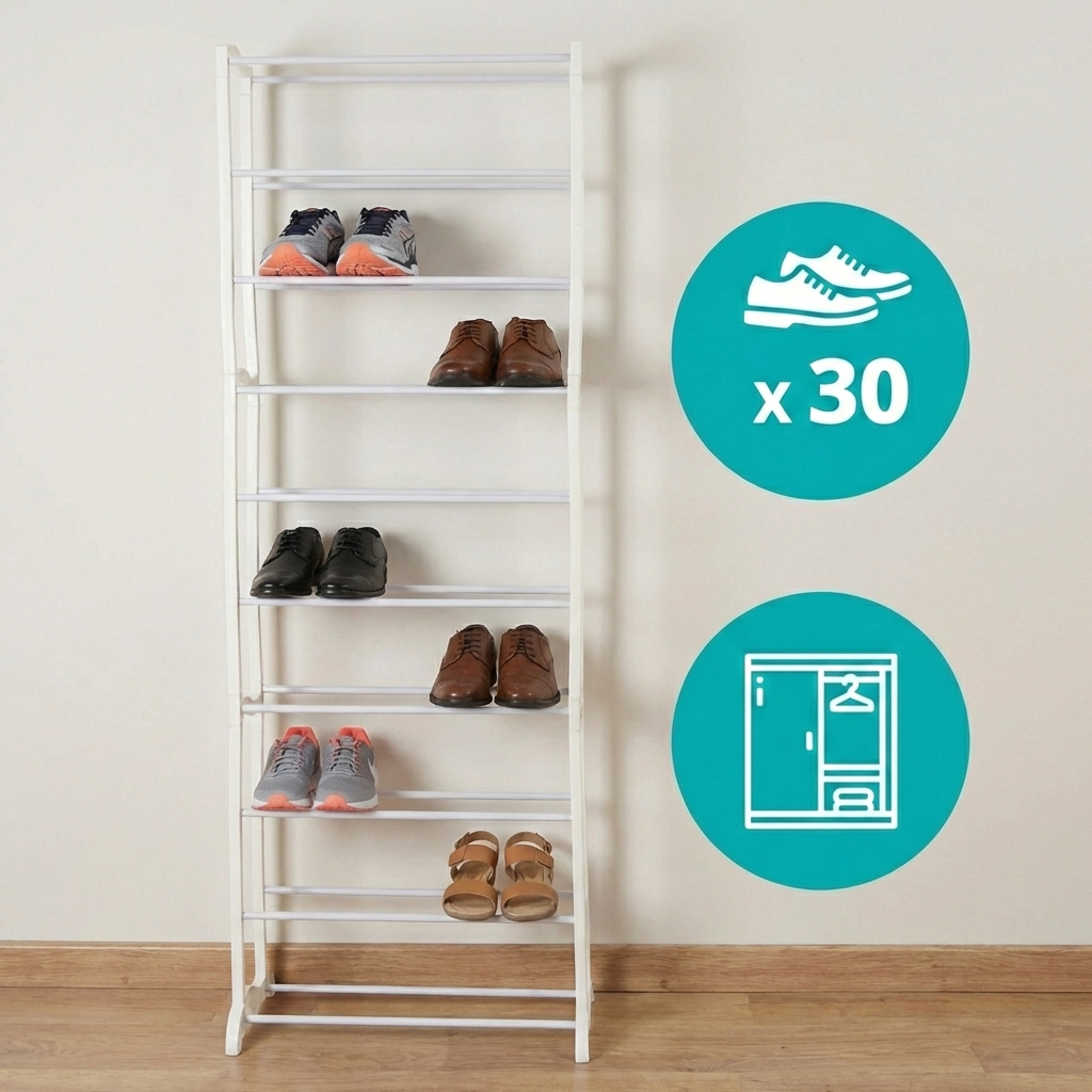 Pantofar pentru organizare eficienta, 30 perechi, model cu 10 rafturi, alb