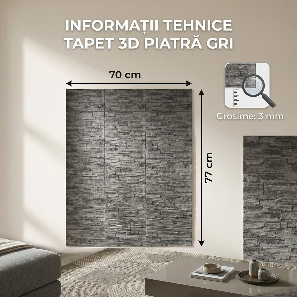 Tapet 3D Autoadeziv Piatra Gri, Set 10 Panouri Decorative, 70 x 77 cm, Grosime 3mm 5