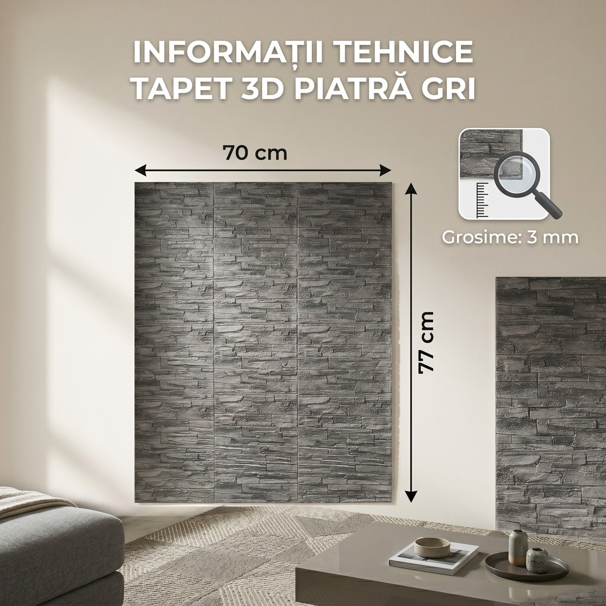 Tapet 3D Autoadeziv Piatra Gri, Set 10 Panouri Decorative, 70 x 77 cm, Grosime 3mm 5