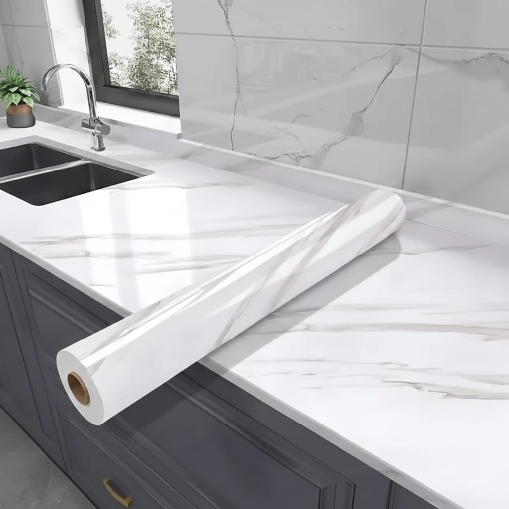 Tapet autoadeziv premium cu model marmura pentru blaturi, mobilier si bucatarie, hartie tapet alba 1