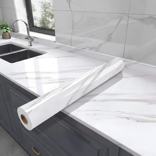 Tapet autoadeziv premium cu model marmura pentru blaturi, mobilier si bucatarie, hartie tapet alba 1