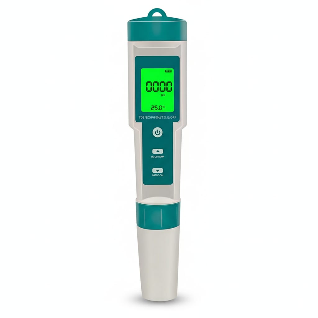 Tester profesional pentru calitatea apei, 7 in 1, Profesional, masoara 2 contoare de salinitate/PH/TDS/EC/ORP/SG/temperatura, Ecran LCD iluminat, Imbunatateste sanatatea, Pentru apa consumata, acvariu, piscina, laborator si altele, Verde Alb 1