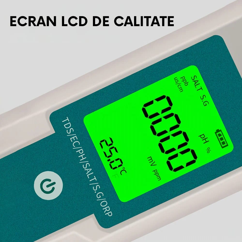 Tester profesional pentru calitatea apei, 7 in 1, Profesional, masoara 2 contoare de salinitate/PH/TDS/EC/ORP/SG/temperatura, Ecran LCD iluminat, Imbunatateste sanatatea, Pentru apa consumata, acvariu, piscina, laborator si altele, Verde Alb 2