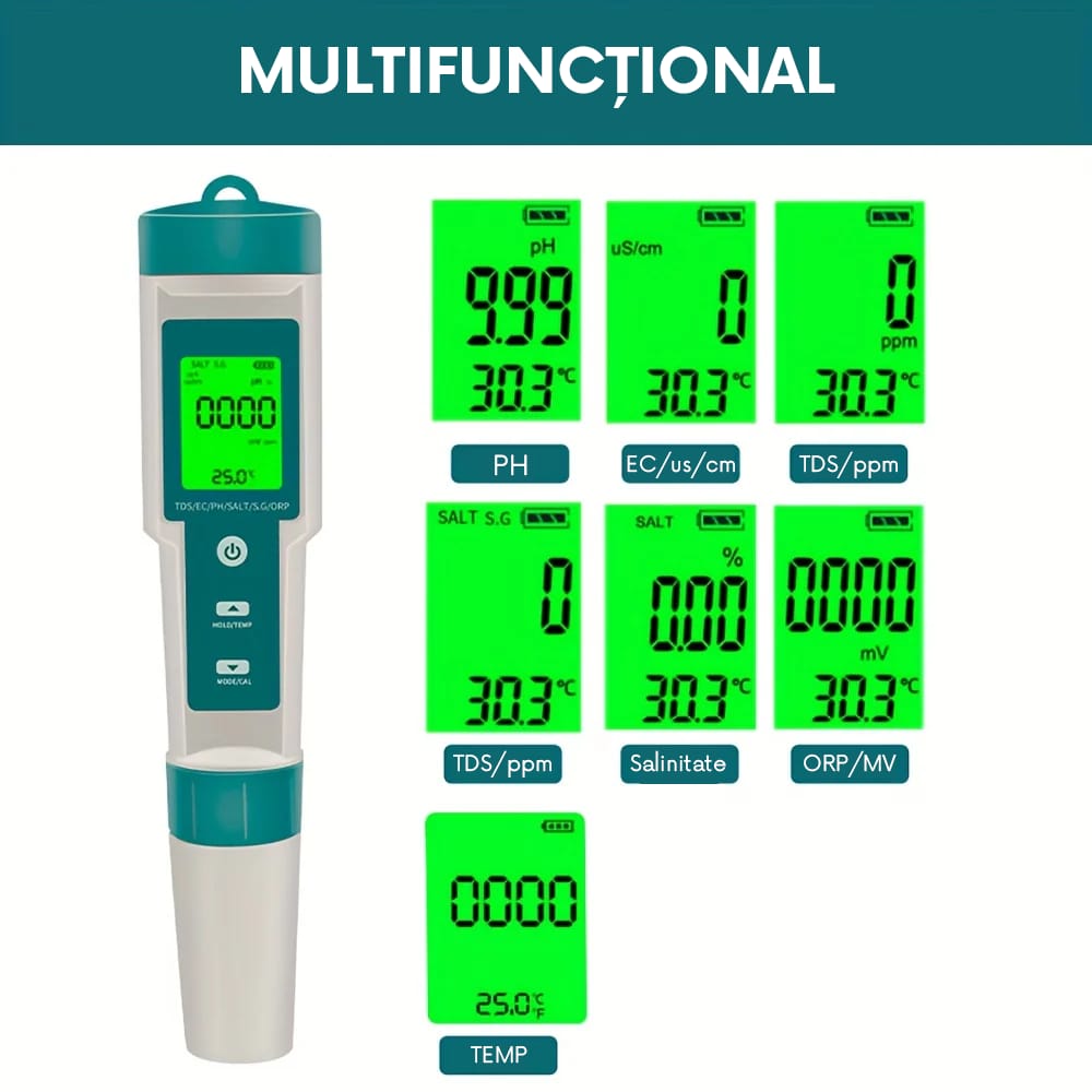 Tester profesional pentru calitatea apei, 7 in 1, Profesional, masoara 2 contoare de salinitate/PH/TDS/EC/ORP/SG/temperatura, Ecran LCD iluminat, Imbunatateste sanatatea, Pentru apa consumata, acvariu, piscina, laborator si altele, Verde Alb 3