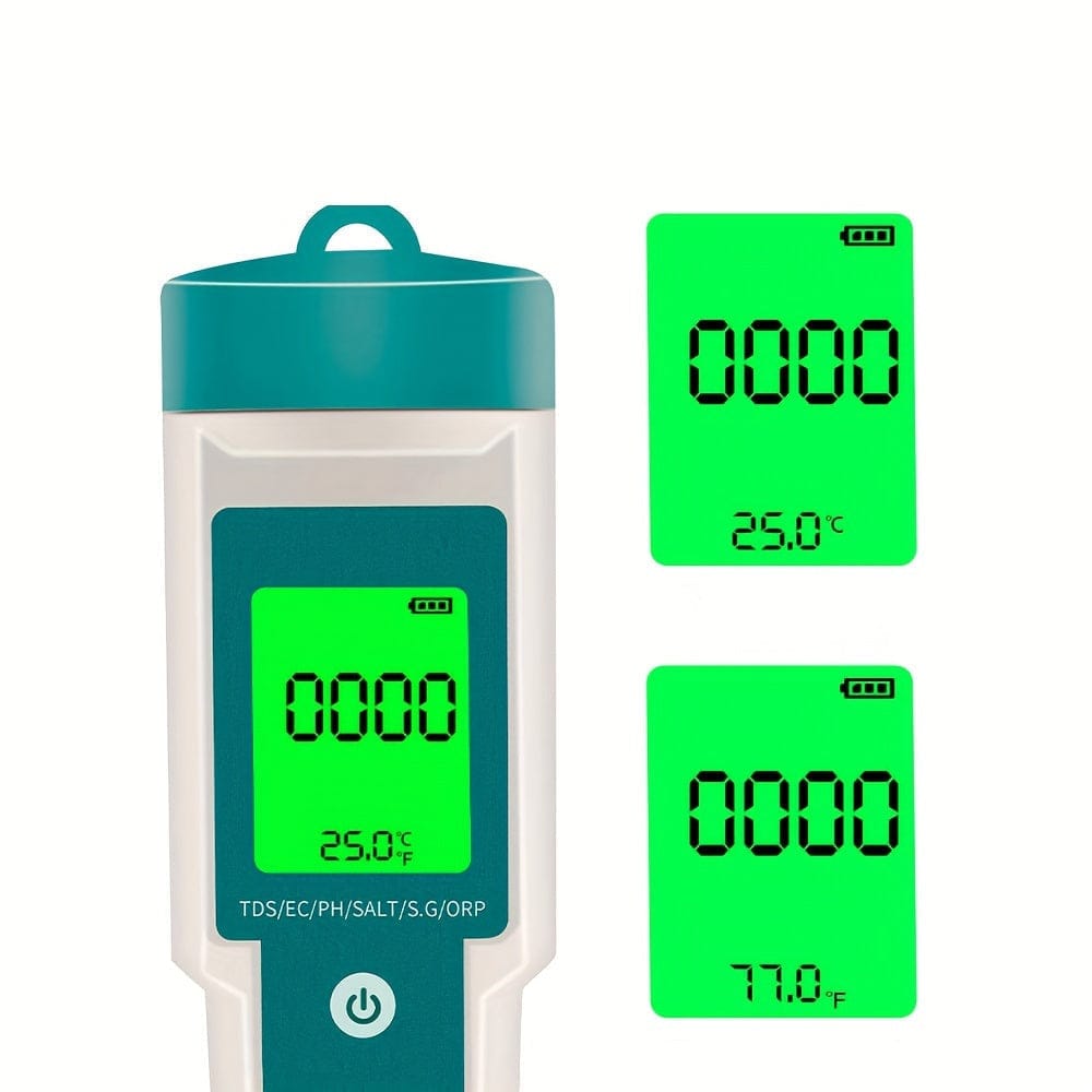 Tester profesional pentru calitatea apei, 7 in 1, Profesional, masoara 2 contoare de salinitate/PH/TDS/EC/ORP/SG/temperatura, Ecran LCD iluminat, Imbunatateste sanatatea, Pentru apa consumata, acvariu, piscina, laborator si altele, Verde Alb 4