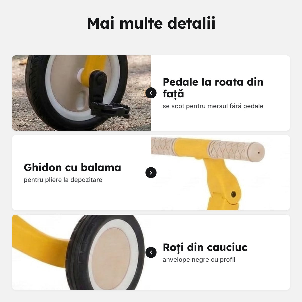Tricicletă evolutivă pentru copii, galbenă, cu roți din cauciuc și pedale care se scot – Mai multe detalii