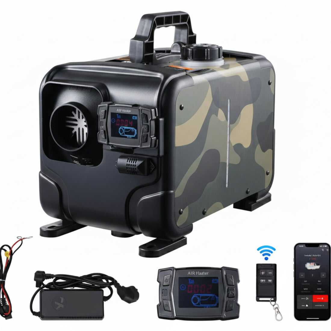 Incalzitor Diesel 5 Litri –8KW 12V/24V, All-in-One, Bluetooth, Telecomanda, Alarma CO, Portabil pentru Vehicule și Garaj