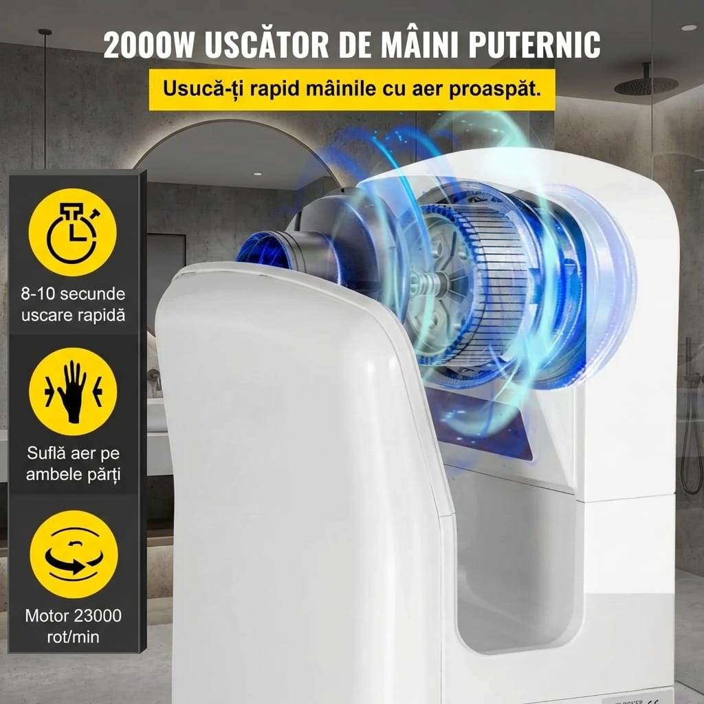 Uscator de Maini Electric Comercial Vertical, 2000W, Filtru HEPA, ABS, Alb, Jet Rapid 2
