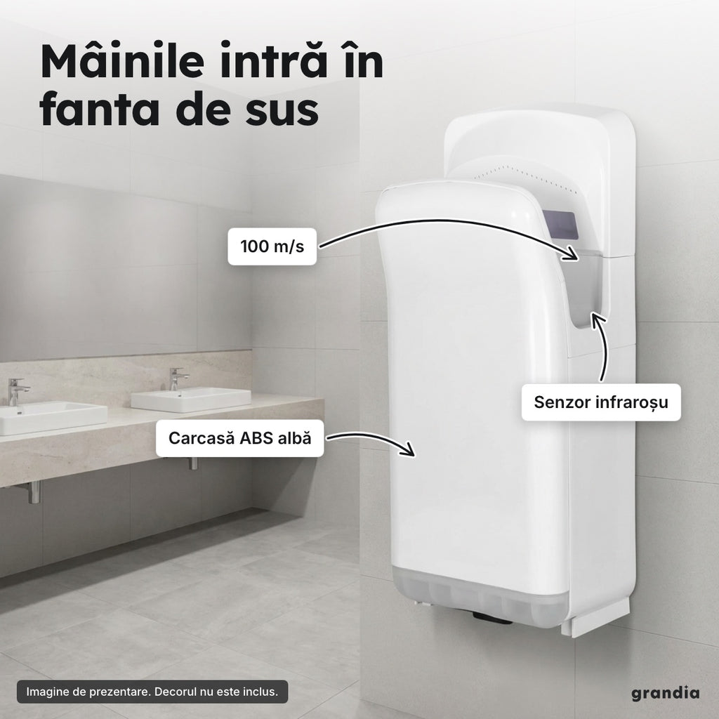 Uscător de mâini cu jet 2.000 W, alb – Mâinile intră în fanta de sus