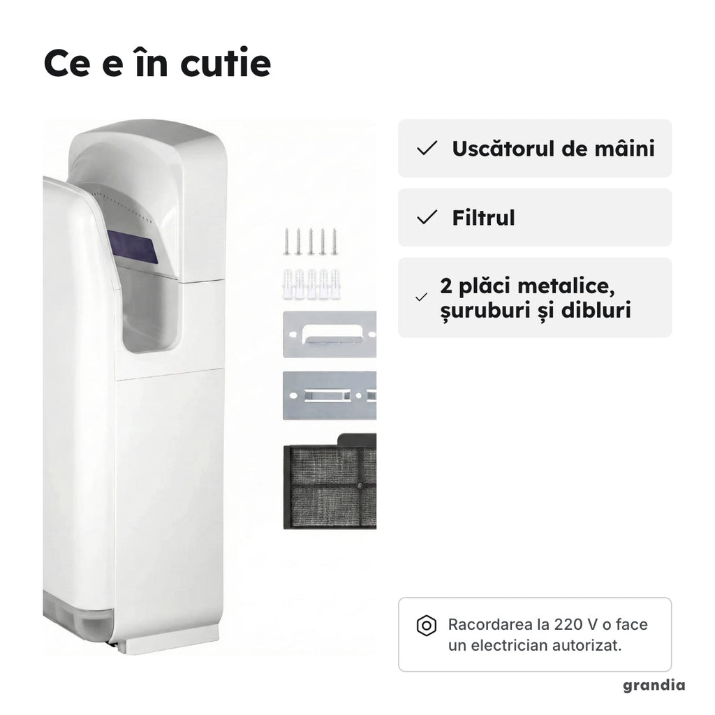 Uscător de mâini cu jet 2.000 W, alb – Ce e în cutie