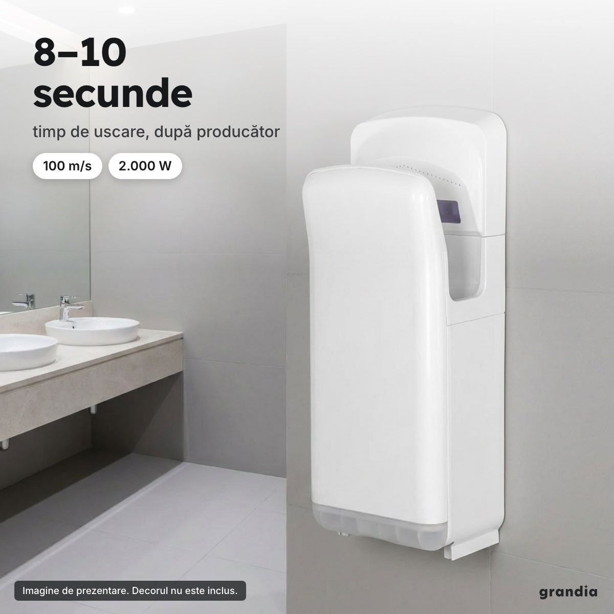 Uscător de mâini cu jet 2.000 W, alb – 8–10 secunde
